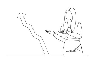 Continuous line drawing of standing business woman show growing graphic diagram. Single one line art of business increase success progress. Vector illustration