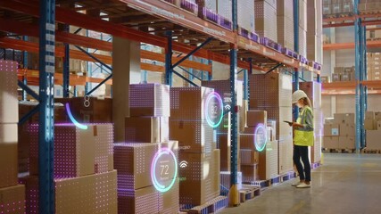 Futuristic Technology Retail Warehouse: Worker Starts Inventory Digitalization with Barcode Scanner Analyzes Goods, Cardboard Boxes, Products. Delivery Infographics in Logistics, Distribution Center - Powered by Adobe