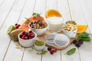 Selection of food for better sleep insomnia rich in tryptophan and melatonin, copy space