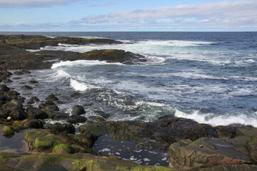 The beautiful waves of the Barents Sea break on the rocks lying on the shore. Dark blue water of the bay of the Barents Sea. Summer sea landscape. The edge of the earth. Cold water of the north sea.