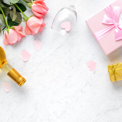 Giftbox and pink rose for Valentine's Day holiday gift design concept.