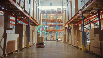 Future Technology 3D Concept: Automated Retail Warehouse AGV Robots with Infographics Delivering Cardboard Boxes in Distribution Logistics Center. Automated Guided Vehicles Goods, Products, Packages