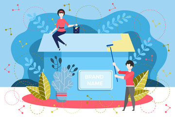 Brand Name Creation. Rebranding. Team Workflow Process. Team Building New Brand. People Working To Improve Marketing And Business. Web Page Showing Teamwork On A Personal Brand. 