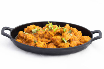 Veg Curry Masala Sabji Soya Chunks Nutri Nugget Made Of Soy Served In Platter Tray. The Sabzi Is Rich Source Of Protein And Has Multiple Health Benefits. White Background With Space For Text