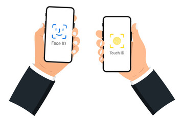 Hand holding smart phone with blank screen on white background. Mobile Phone. Black smartphones with blank screen. Flat style. Set Application Template illustration of a smartphone with white screen