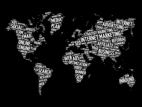 Internet marketing word cloud in shape of world map, business concept background