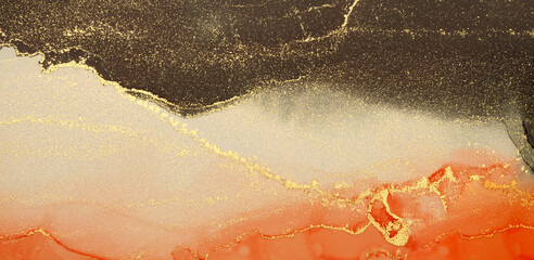 Art Abstract watercolor painting blots horizontal background. Alcohol ink red and gold colors. Marble texture.