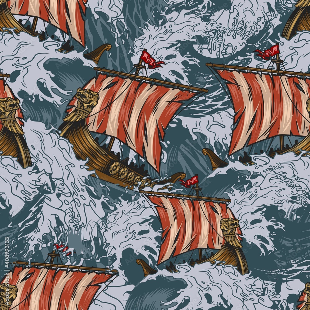 Wall mural viking drakkar ships colorful seamless pattern