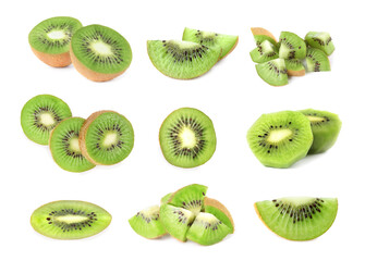 Fototapeta premium Set with ripe kiwi fruits on white background