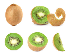 Fototapeta premium Set with ripe kiwi fruits on white background