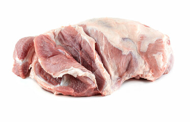Raw meat close-up. a piece of raw pork shoulder in close-up. Pork tenderloin on a white isolated background.