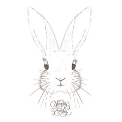 Happy Easter calligraphy handmade lettering inscription with sketch drawn bunny.