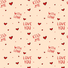 Vector abstract seamless background with hearts and lettering for Valentines day. Great for paper, card, wallpaper, banner, fabric, interior. Handdrawn illustration