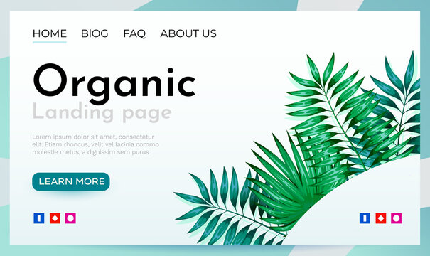 Landing page template with green trendy exotic palm leaves background. Tropical botanical design. Concept for website development