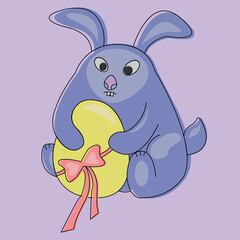 Blue Easter bunny with yellow egg on a pink background.