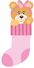 Baby girl teddy bear inside on pink sock
