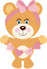 Fototapeta premium Baby girl teddy bear with string pink hearts 