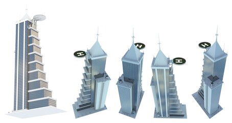 5 renders of fictional design tall buildings with helipad on roof with cloudy sky reflection - isolated on white, high view 3d illustration of skyscrapers
