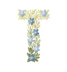 Letter T floral letter with blue flowers and green leaves. Lovely ABC for nursery room or education. 

Personalized floral monogram. Botanical illustration.