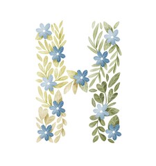 Letter H floral letter with blue flowers and green leaves. Lovely ABC for nursery room or education. 

Personalized floral monogram. Botanical illustration.