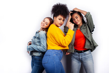 Fototapeta premium diverse nation girls group, teenage friends company cheerful having fun, happy smiling, cute posing isolated on white background, lifestyle people concept