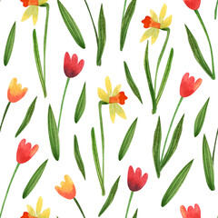 Watercolor seamless pattern with narcissus or daffodils and tulip flowers on white background. Beautiful textile print. Great for fabrics, wrapping papers, wallpapers, covers, linens.