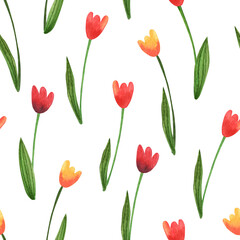 Watercolor seamless pattern with leaves and tulip flowers on white background. Beautiful textile print. Great for fabrics, wrapping papers, wallpapers, covers, linens.