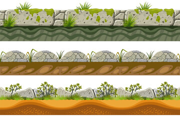 Set of seamless border old gray rock and grass. Vector stone sidewalks with soil and leaves for computer games isolated on white background.