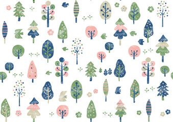 水彩 北欧風 手書き春の木のパターン