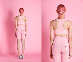 Asian Woman pink hair stand turn rear back view isoalted