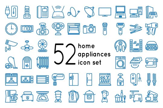 Home Appliances And Gadgets Icons Set Isolated On White Background. Icons For Household Appliance And Electronics Store Website. Vector Illustration Isolated On Whine Background.