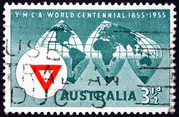 Postage stamp Australia 1955 world map and YMCA emblem