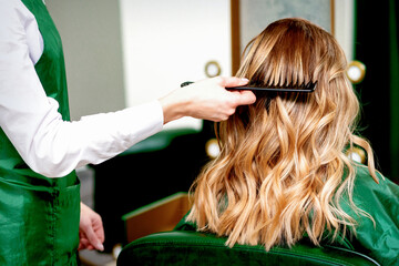 Fototapeta premium Back view of hairdresser combing wavy hair of a young blonde woman in a beauty salon