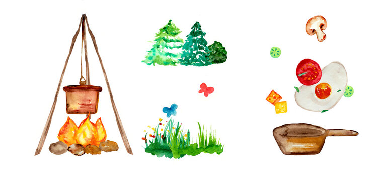 Set illustration camping cooking collection campfire nature watercolor
