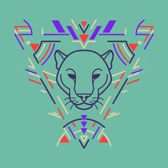 Panther linear head in tribal frame.Vector colorful illustration in flat style