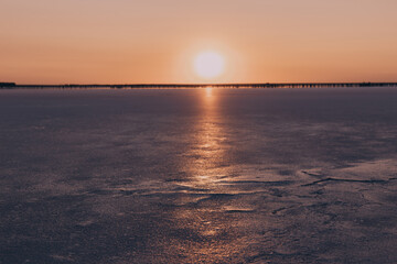 Beautiful sunset over the salty pink lake