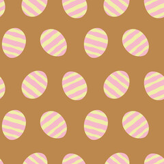 Vector seamless pattern with easter eggs in yellow and pink stripes on brown background for textile, decor, wrapping paper