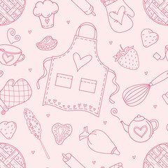 Seamless vector pattern with cute hand drawn dessert, tea and baking theme doodle elements. Red line objects on pink background. For wrapping paper, textile, print, advertising, fabric, wallpaper, web