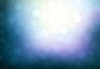 Pentagonal bokeh pattern on blue tints blurred bottom. Holidays magical background abstract graphic.