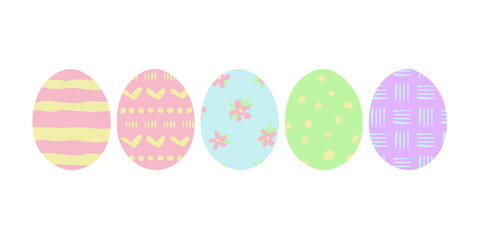Vector set of easter eggs in delicate colours. Eggs illustration in pink, green, yellow and blue colors with ornament for decor, souvenirs, greeting card design