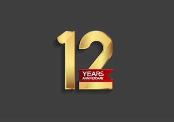 12 years anniversary simple design with golden color and red ribbon isolated on black background can be use for template, element, greeting card, invitation and special celebration event