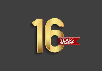 16 years anniversary simple design with golden color and red ribbon isolated on black background can be use for template, element, greeting card, invitation and special celebration event