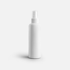 Mockup of white plastic bottle with spray, transparent cap, cosmetic packaging for lotion, isolated on background.