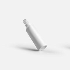 Mockup of a white plastic vial for perfume, antiseptic, spray bottle, aerosol, isolated on background.