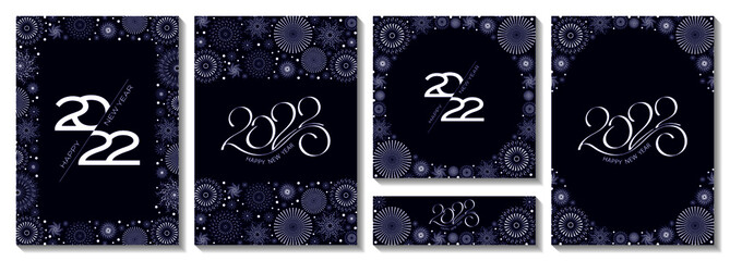 Christmas and New Year posters set with white fireworks and 2022 numbers. Vector illustration. Winter background, banner, cover, greeting card, social media splash, cover.
