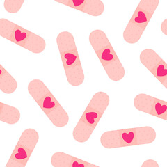 Seamless pattern of medical plaster with heart for the wedding or Valentine's Day.