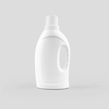 Mockup of a white plastic bottle with a handle, with a lid, for liquid powder, gel, for design presentation.