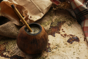 Fototapeta na wymiar Composition with yerba mate tea on wooden table