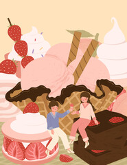 Obraz na płótnie Canvas Happy Valentine's day card with cute couple and dessert vector illustration