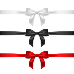 Set of realistic vector bows isolated on white background. White, red, black gift bows for cards, presentation, valentine's day, christmas and birthday illustrations. Top view